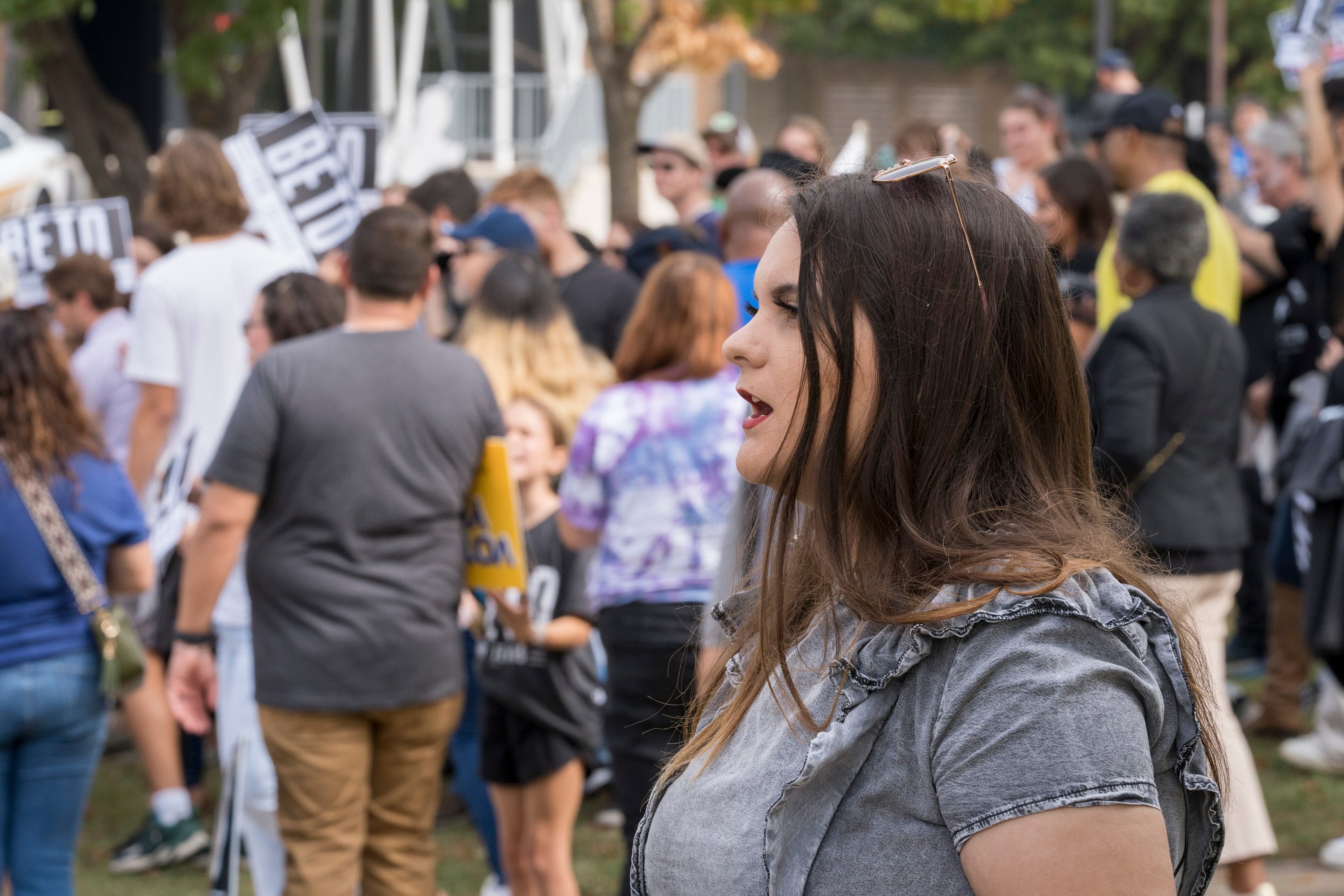 Kelly Neidert, conservative activist and founder of Protect Texas Kids, outside a campaign appearance by Democratic gubernatorial candidate Beto O'Rourke. Neidert’s website asks readers to submit tips and videos about “ideologies” being pushed on children.