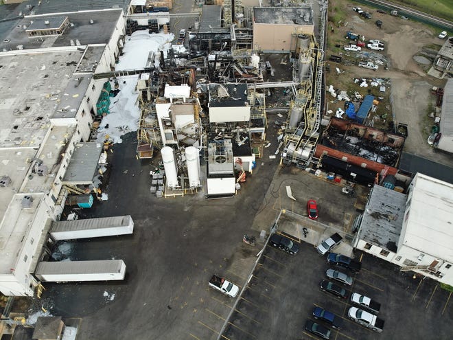 Damage from the April 2021 explosion at Yenkin-Majestic Paint Corp.