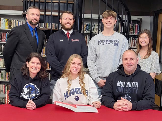 Honesdale multi-sport standout Rachael Collins has announced that she will be continuing her academic and athletic career at the NCAA level. The talented Lady Hornet senior has signed her National Letter of Intent to attend Division I Monmouth University. There, she will compete in track & field and major in Elementary Education.  Seated with Rachael are her parents, Erika and Michael. Standing are (from left): Kevin Kloss, assistant track & field coach; Paul Russick, head track & field coach; Aiden Collins, brother; Maddie Spinelli, assistant track & field coach.