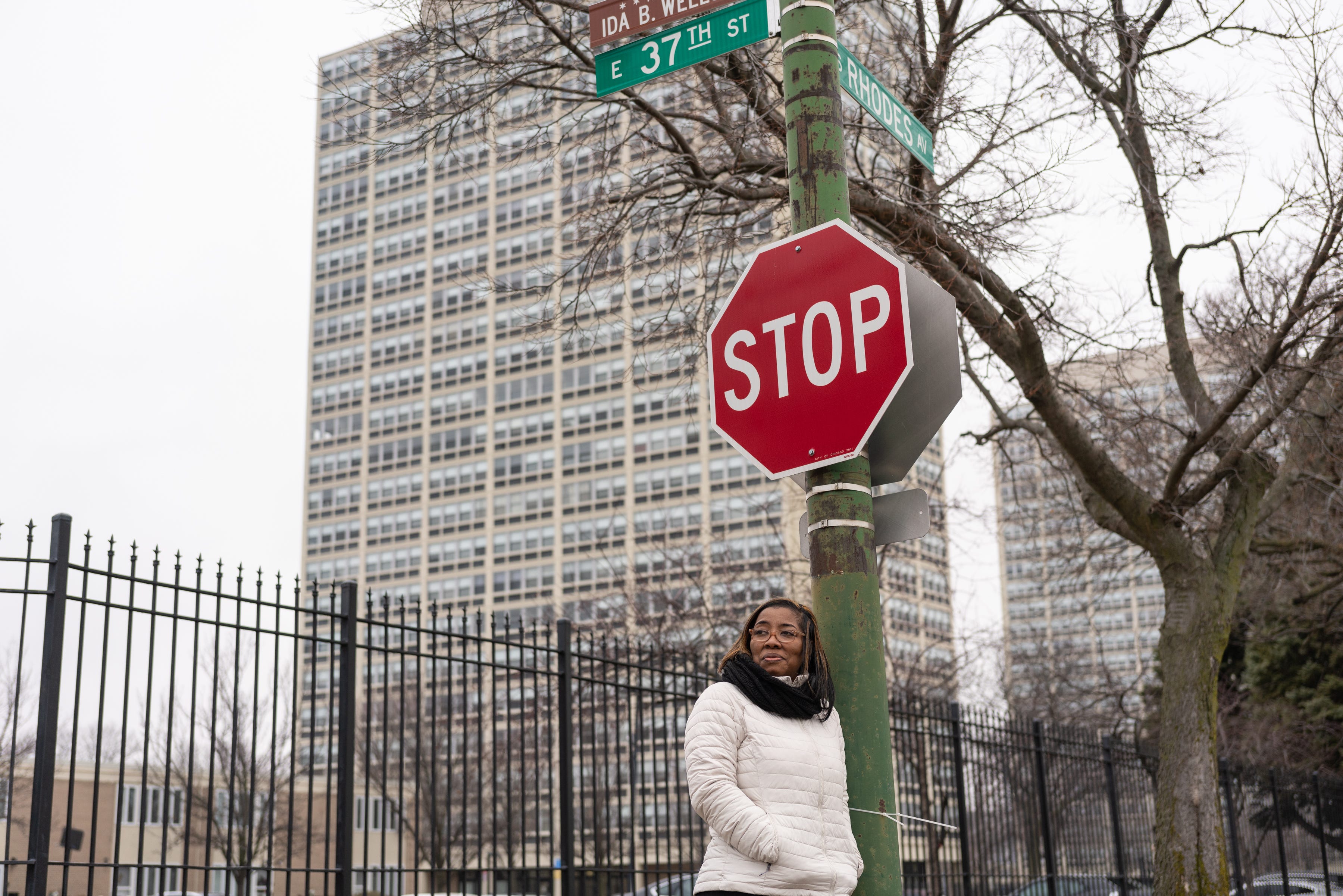 "Some communities, doors close on us, and you don’t know where to turn," said Clarissa Glenn, 52. She stands on the corner of East 37th Street and South Rhodes Avenue near the former Ida B. Wells Homes Extension where she was once lived. Dec. 10, 2022