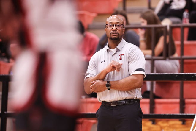 Tascosa’s Head Coach Steve Jackson watches the play in a non district game against Monterey, Tuesday, December 13, 2022, at Tascosa High School in Amarillo.  Tascosa won 69-45.