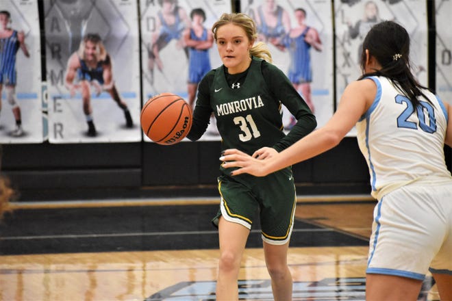 Monrovia's Emery Newlin (31) crosses half court during the Bulldogs' rivalry matchup with Cascade on Dec. 13, 2022.