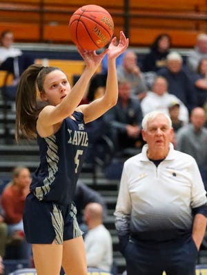 Xavier High School's Joy Krull (5) shoots a 3-pointer against Wausau West High School on Tuesday, December 13, 2022, at Wausau West High School in Wausau, Wis. Wausau West won the game, 57-47.Tork Mason/USA TODAY NETWORK-Wisconsin 
