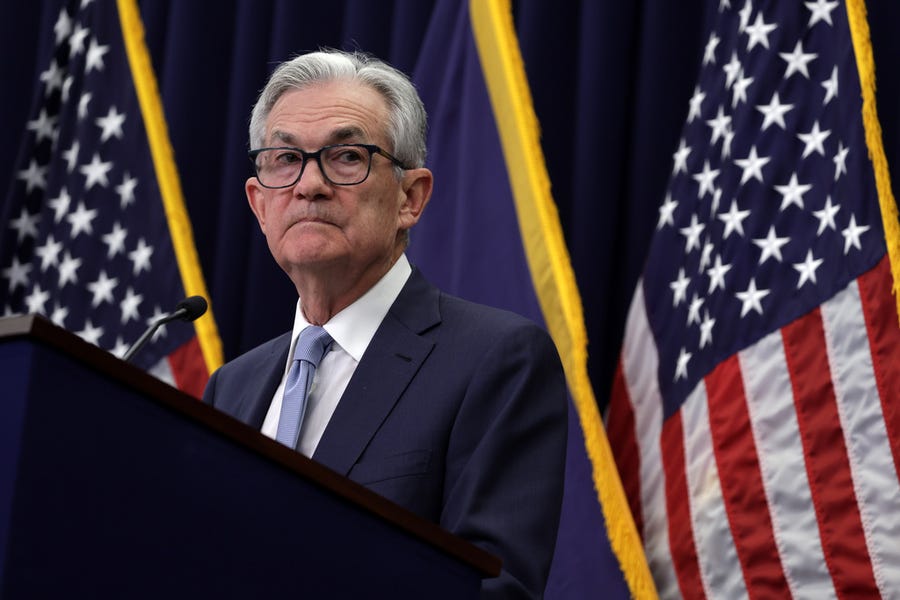 Federal Reserve Board Chairman Jerome Powell speaks during a news conference after the Federal Reserve announced that it would raise interest rates by a 0.5 percentage point to 4.5.