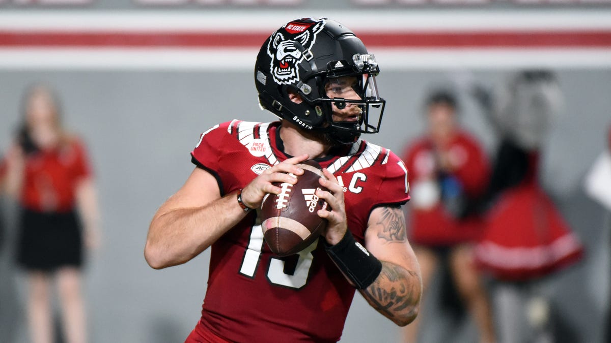North Carolina State quarterback Devin Leary looks to throw during the first half against Connecticut at Carter-Finley Stadium in Raleigh, N.C., on Sept. 24, 2022.