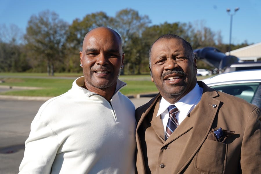 Sherman Singleton (left), freed by a judge's order from a life sentence imposed due to a murder conviction, poses with Terrebonne Parish NAACP President Jerome Boykin. The photo was taken after Singleton's release from the Louisiana State Police barracks in Baton Rouge on Thursday, Dec. 15, 2022.
