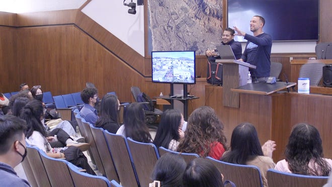 New Bedford residents Angel Diaz and Ben Gilbarg of STEAM the Streets deliver a presentation to interns of the YEEE! summer program (Youth Empowerment, Entrepreneurship, Employment) in Daly City, California, back in June.