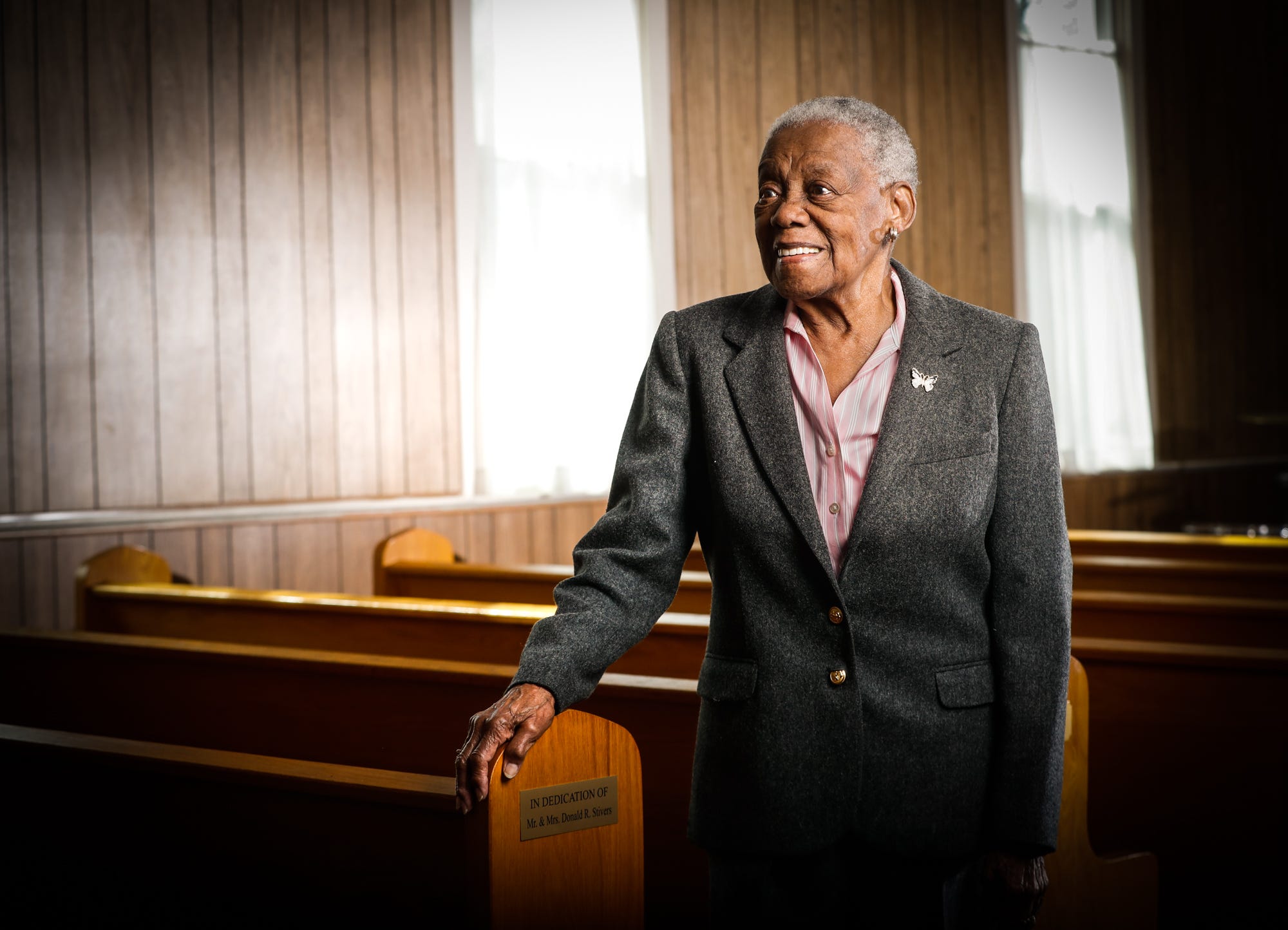 Flinora Frazier, the grand daughter of Penick Chapel AME Zion Church founder, Rev. Sidney Penick, is photographed in the church which was founded in 1889, on Tuesday, March 1, 2022, in the Norwood neighborhood of Indianapolis. The Norwood neighborhood was a Freetown founded and built by Civil War veterans in the 1860s, and 
Frazier is a direct descendant of those founders. 