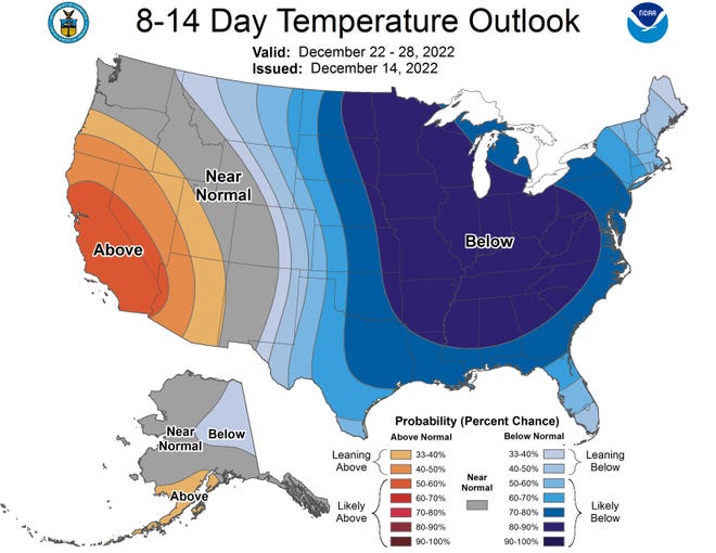 Alabama will see below normal temperatures during the busy holiday travel season, according to the National Weather Service's Climate Prediction Center.