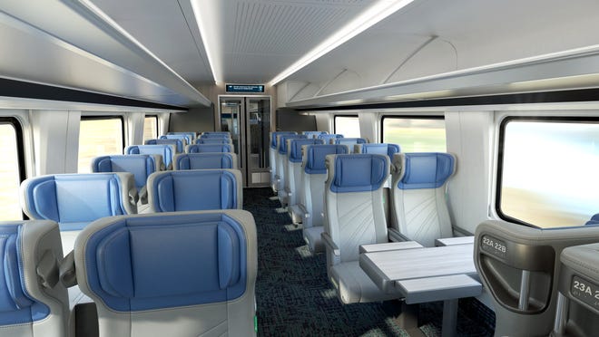 Rendering of coach seating in Amtrak's new Airo carriages.