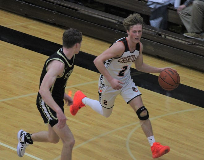 Cheboygan senior guard Connor Gibbons (right) dribbles while St. Ignace junior guard Jonny Ingalls (11) defends during the first quarter of Thursday night's boys basketball matchup in Cheboygan.