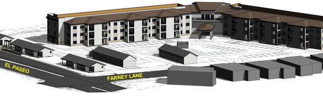 A sketch of the proposed Pedrena Senior Apartments, slated to be an 80-unit multifamily development at 801 Farney Lane and 1955 El Paseo Road.