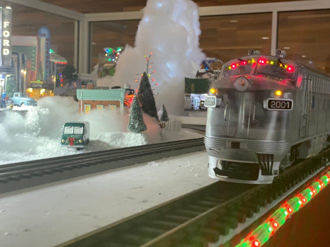 One of three model trains running down the track at McLaren Port Huron Hospital on Dec. 16, 2022. Dr. Percy McDonald creates the display every holiday season.
