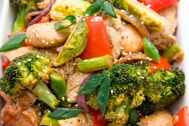Easy sheet pan chicken and veggie stir-fry recipe