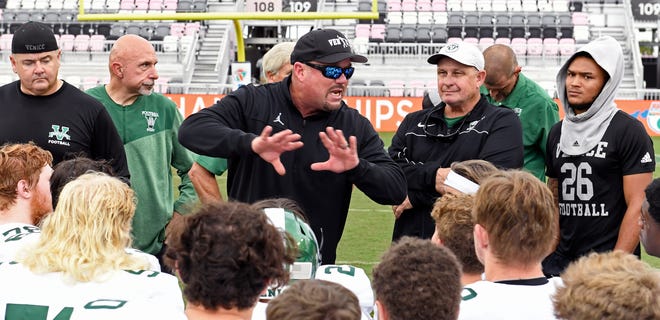 Venice head coach John Peacock talks about holding your head high after the Lakeland Dreadnaughts win the Class 4 Suburban State Championship 21-14 over Venice at DRV PNK Stadium, Fort Lauderdale on Saturday, Dec. 17, 2022.