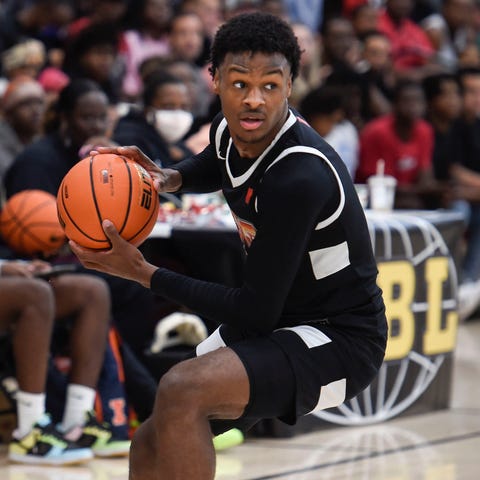 Bronny James in action during a July game.