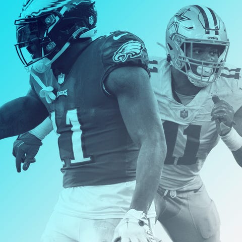 Eagles WR A.J. Brown, left, and Cowboys LB Micah P