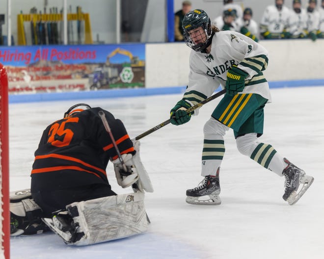 Brighton's Levi Pennala makes one of his 29 saves on a shot by Howell's Tanner Sauve during the Bulldogs' 6-1 victory on Saturday, Dec. 17, 2022 at 140 Ice Den.