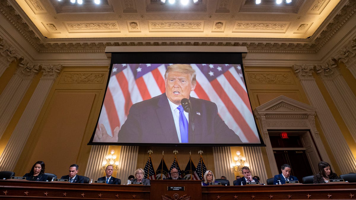 December, 19, 2022; Washington, DC, USA; Former US President Donald Trump displayed on a screen during a hearing of the Select Committee to Investigate the January 6th Attack on the US Capitol in Washington, DC, US, on Monday, Dec. 19, 2022. The committee investigating the deadly Jan. 6 Capitol insurrection will complete its 17-month probe with votes on recommendations for the first-ever criminal prosecution of a former president,   with offenses including insurrection. Mandatory Credit: Al Drago/Pool Photo-USA TODAY Sports ORIG FILE ID:  20221219_nbr_usa_065.JPG