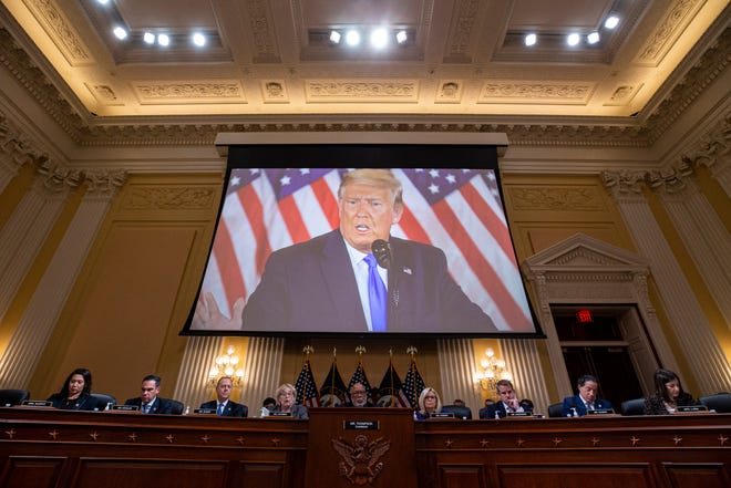 Former President Donald Trump displayed on a screen during a hearing of the House committee investigating the Jan. 6, 2021 attack on the U.S. Capitol on Monday.