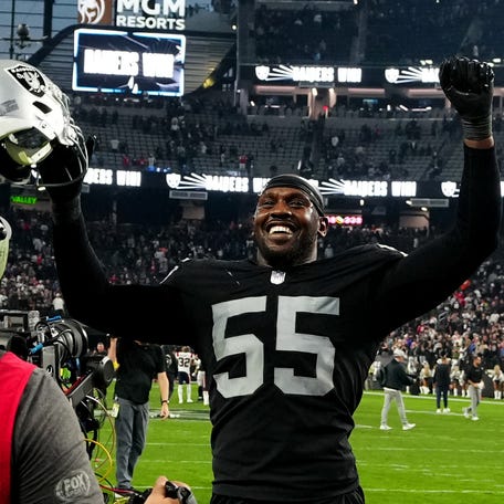 Raiders pass rusher Chandler Jones celebrates after returning a fumble for a touchdown against the New England Patriots at Allegiant Stadium.