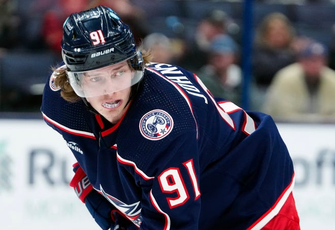 Blue Jackets forward Kent Johnson has recorded eight goals and 13 assists in his first 43 games this season.