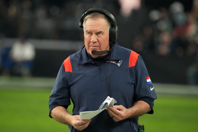 Patriots head coach Bill Belichick reacts in the second half against the Las Vegas Raiders at Allegiant Stadium.  The Raiders beat the Patriots, 30-24, in one of the most bizarre endings to a football game in quite some time.