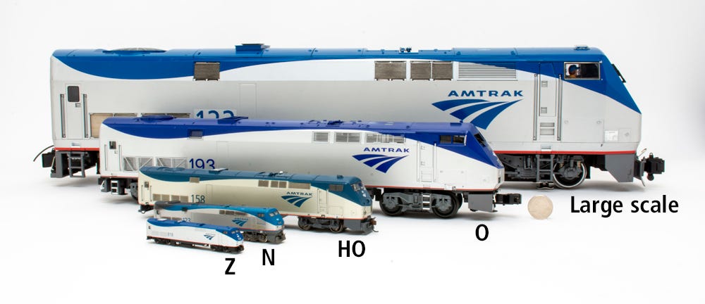 Model Amtrak locomotives show overall size differences in scales.