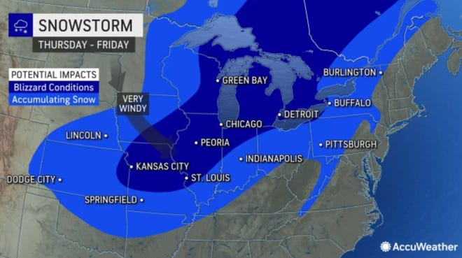 Een winterstormsysteem dat een Arctisch front binnendringt, kan verraderlijke reisomstandigheden voor vakanties creëren, aangezien federale voorspellers verwachten dat sneeuwstormen een groot deel van het Midwesten en de Grote Meren eind woensdag op kerstavond zullen dumpen.
