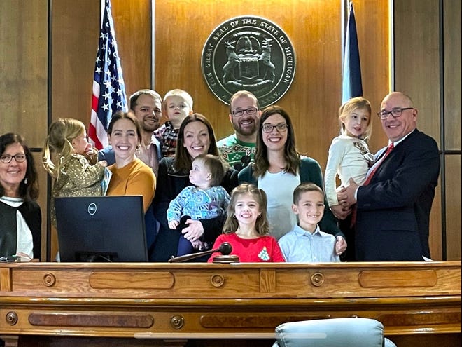 State Sen.-elect Joseph Bellino of Monroe was ceremonially sworn in to office Monday in Monroe. He is shown surrounded by his family.