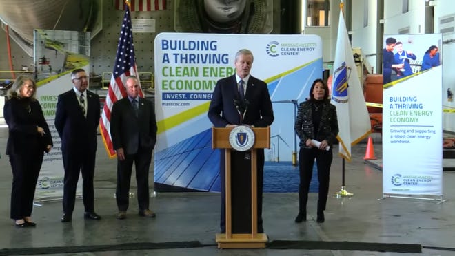 Baker, along with Lt. Gov. Karyn Polito and Energy Secretary Bethany Card announced recipients of the Offshore Wind Ports Challenge Tuesday, Dec. 20, 2022, inside the Technology Testing Center Large Blade Facility in Charlestown.