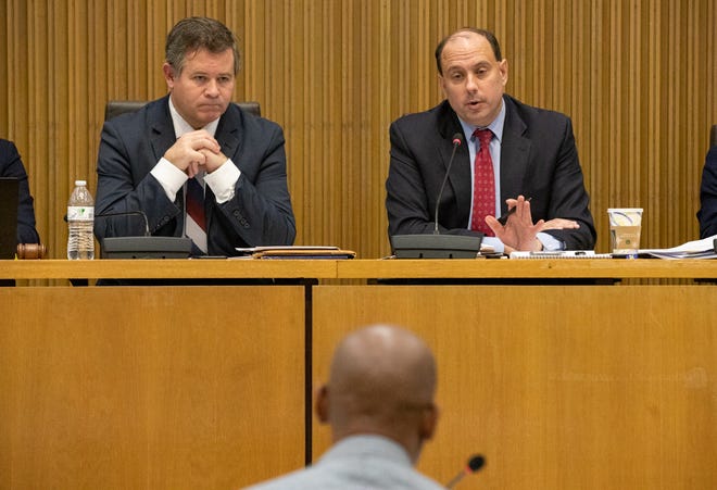 From left, Judiciary Committee Co-chairs Rep. Michael Day and Sen. Jamie Eldridge hear testimony about implementation of the 2018 criminal justice reform act on Tuesday on the first day of a two-day oversight hearing.