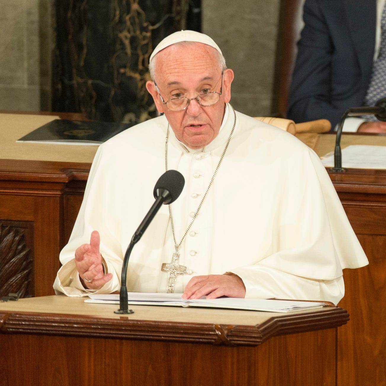 Pope Francis addresses a joint meeting of Congress on Thursday, Sept. 24, 2015 from the House Chamber of the United States Capitol in Washington, D.C.  Vice President Joe Biden, back center, Speaker of the House John Boehner, back right.
