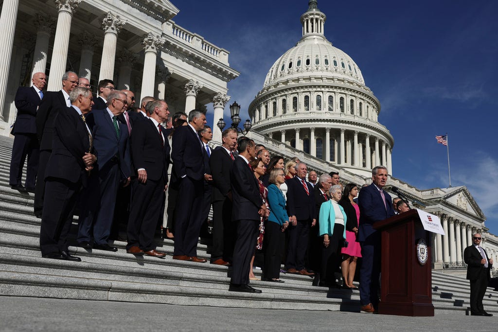 U.S. House Republican Leader Rep. Kevin McCarthy speaks as other House Republicans listen during a news conference at the East Steps of the U.S. Capitol on September 29, 2022 in Washington, DC.