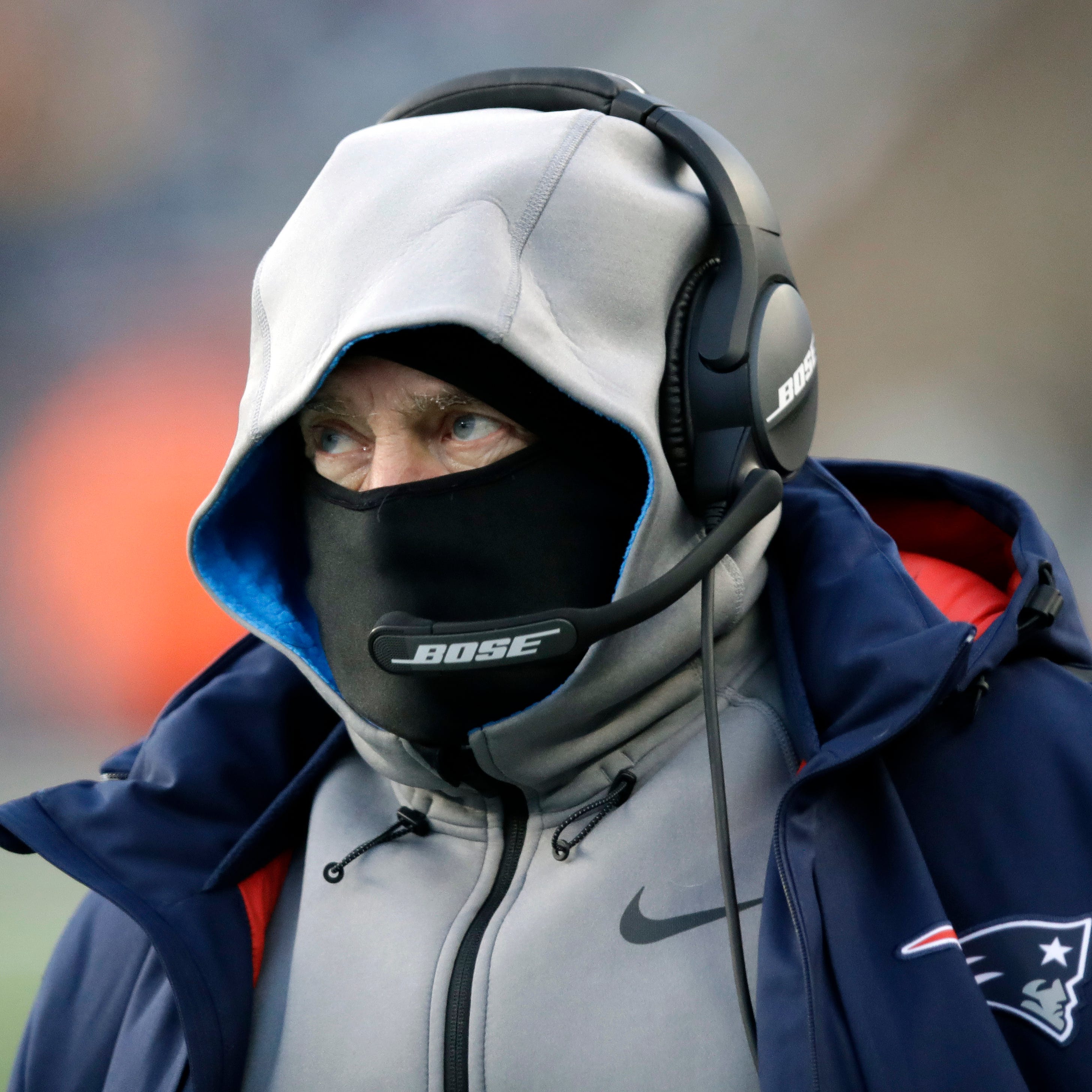 New England Patriots head coach Bill Belichick may be bundling up like this when his team hosts the Cincinnati Bengals on Sunday