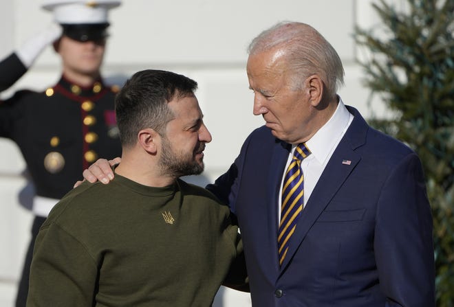 President Biden welcomes President Volodymyr Zelenskyy of Ukraine on the South Lawn of the White House, Dec 21, 2022. The Ukrainian President visited Washington to meet with Biden and US lawmakers. President Zelenskyy will also address a joint meeting of Congress at the Capitol during his first trip outside his country since Russia began its violent invasion of Ukraine in February.