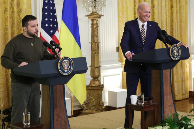 WASHINGTON, DC - U.S. President Joe Biden (R) and President of Ukraine Volodymyr Zelenskyy hold a joint press conference in the East Room at the White House on December 21, 2022.