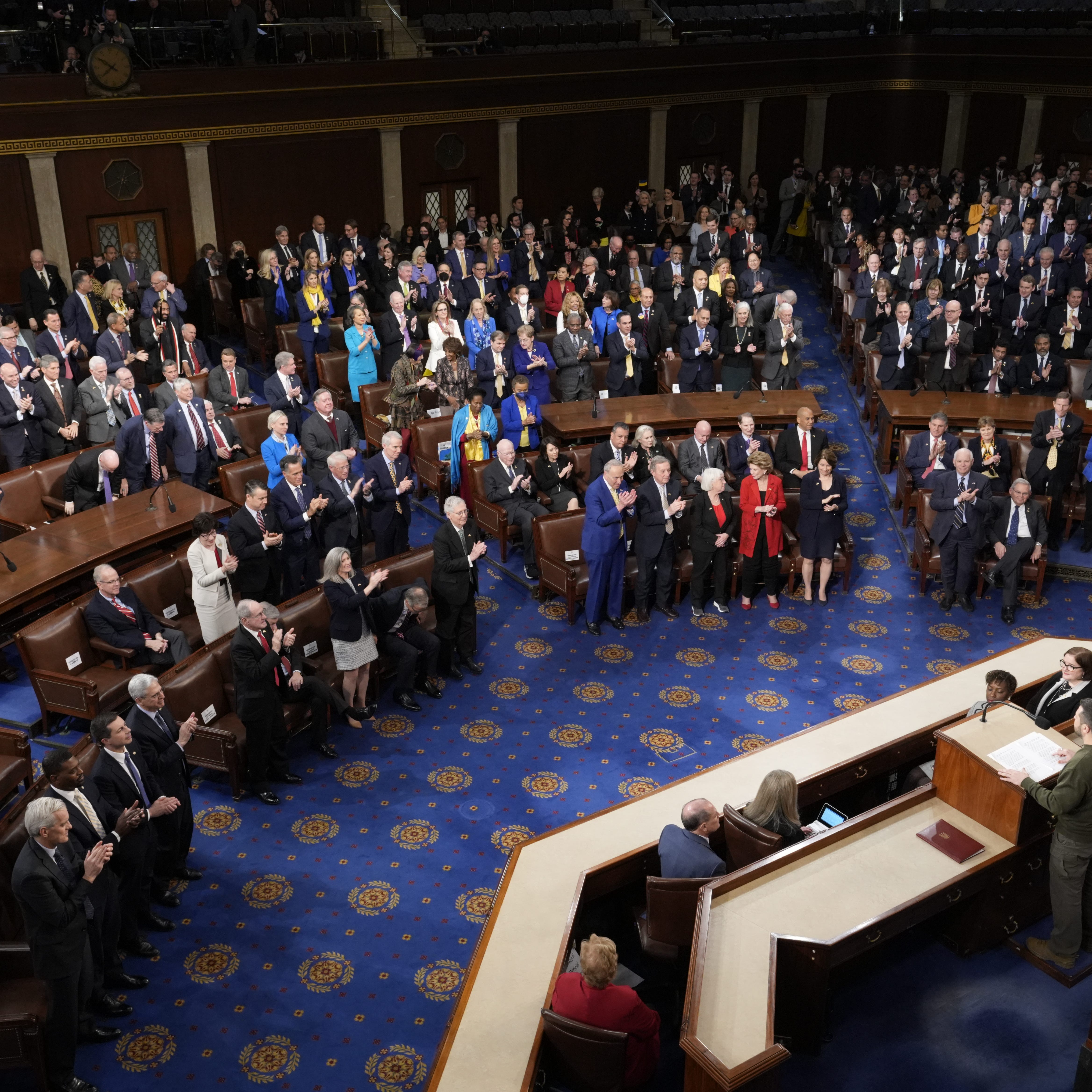President Volodymyr Zelenskyy of Ukraine receives a standing ovation as he addresses a joint meeting of Congress at the Capitol on December 21, 2022. The Ukrainian President visited Washington to meet with Biden and US lawmakers during his first trip outside his country since Russia began its violent invasion of Ukraine in February.