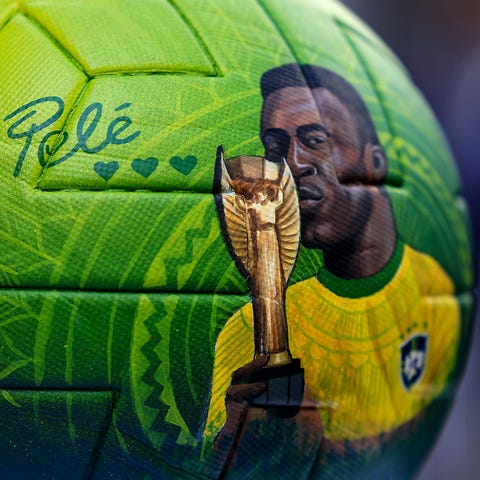 A customized ball depicting Pelé is exhibited duri