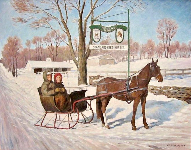 My favorite childhood winter memory, echoed here in a painting by the late great Howard Becker. The time my family and I encountered Judge Rutherford and his wife cruising down Main Street in an honest to goodness one-horse open sleigh...