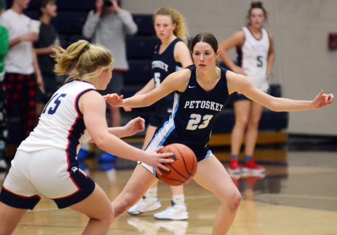 Petoskey's Caroline Guy defends against Boyne City's Braydin Noble during the second half of Thursday's game.
