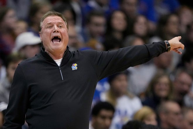 Kansas coach Bill Self yells to the team during the first half of a game against Harvard on Dec. 22, 2022.
