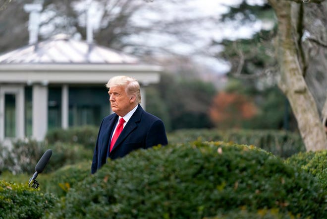 This image released in the final report by the House select committee investigating the Jan. 6 attack on the U.S. Capitol, shows President Donald Trump recording a video statement on the afternoon of Jan. 6, 2021, from the Rose Garden of the White House in Washington.