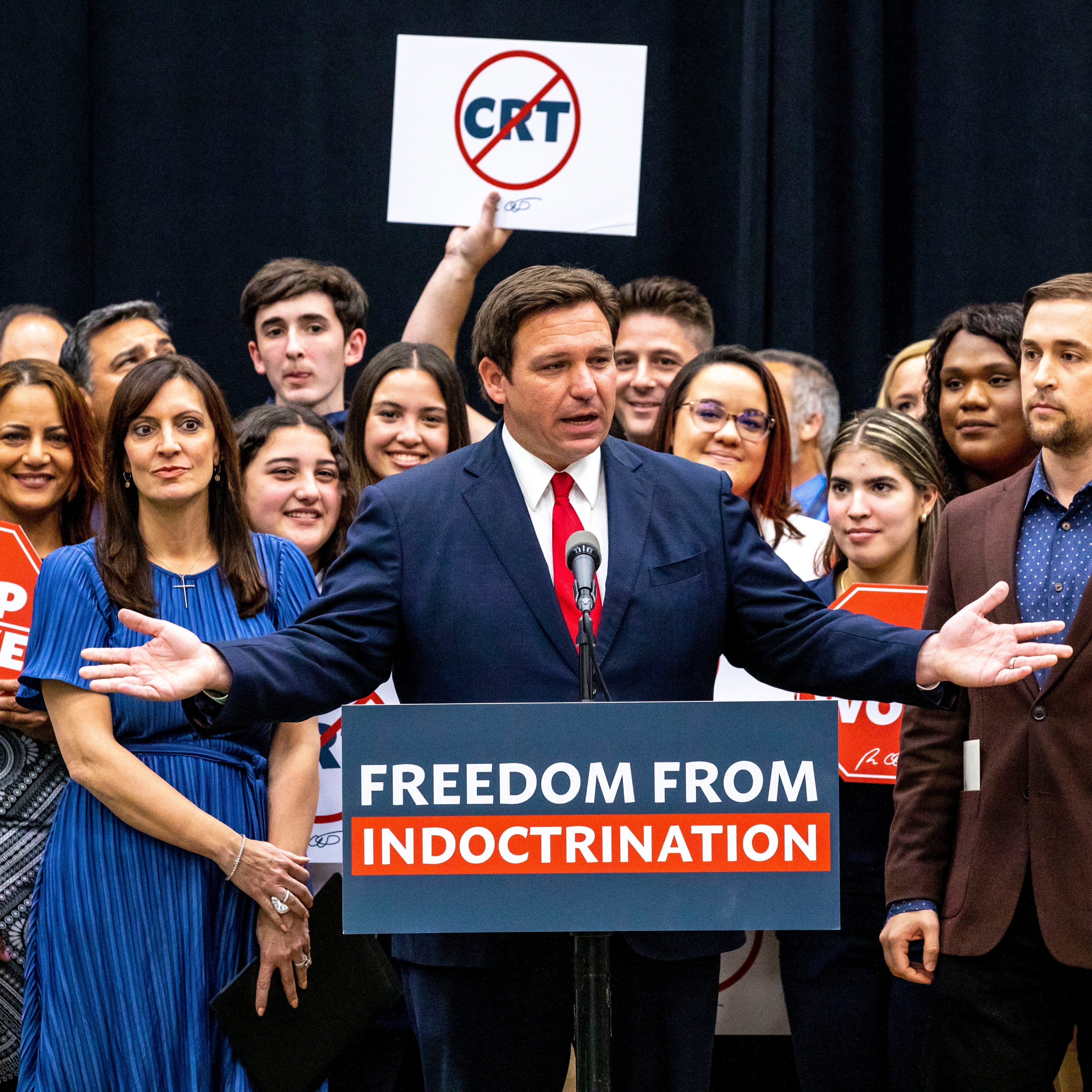 Florida Gov. Ron DeSantis addresses the crowd before publicly signing the Stop WOKE Act in April 2022.