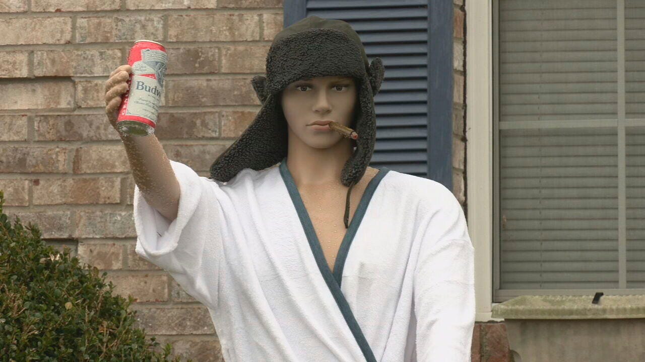 A 'Cousin Eddie' Christmas display is shown in the Dogwood subdivision of Shepherdsville, Ky. on Wednesday, Dec. 21, 2022.    The display looked a little too real and police were called to check it out.  Officers arrived to find a mannequin decorated like the character from “National Lampoon's Christmas Vacation."