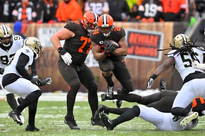 Browns running back Nick Chubb carries in the first half against the Saints, Saturday, Dec. 24, 2022, in Cleveland.
