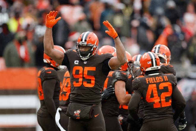 Browns defensive end Myles Garrett reacts after a first-half play against the Saints, Saturday, Dec. 24, 2022, in Cleveland.