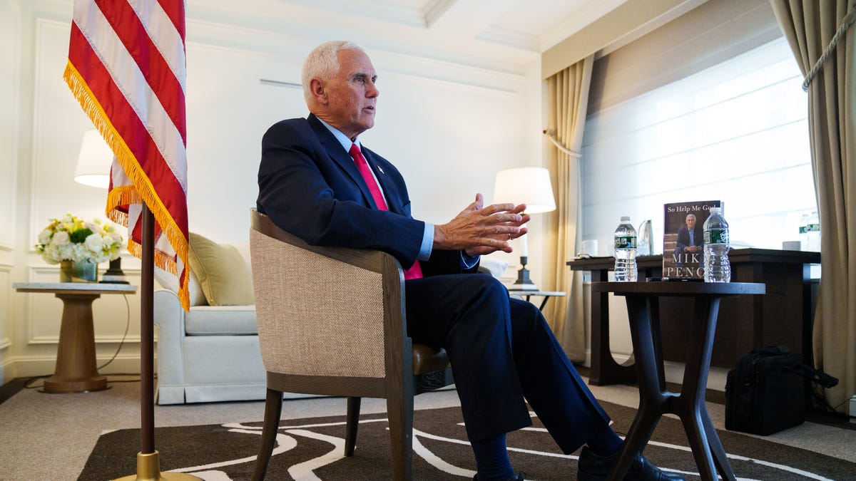 Former Vice President Mike Pence speaks during an interview in New York City on Nov. 15, 2022 about his new autobiography, "So Help Me God," that chronicles his life and his time in the Trump administration.