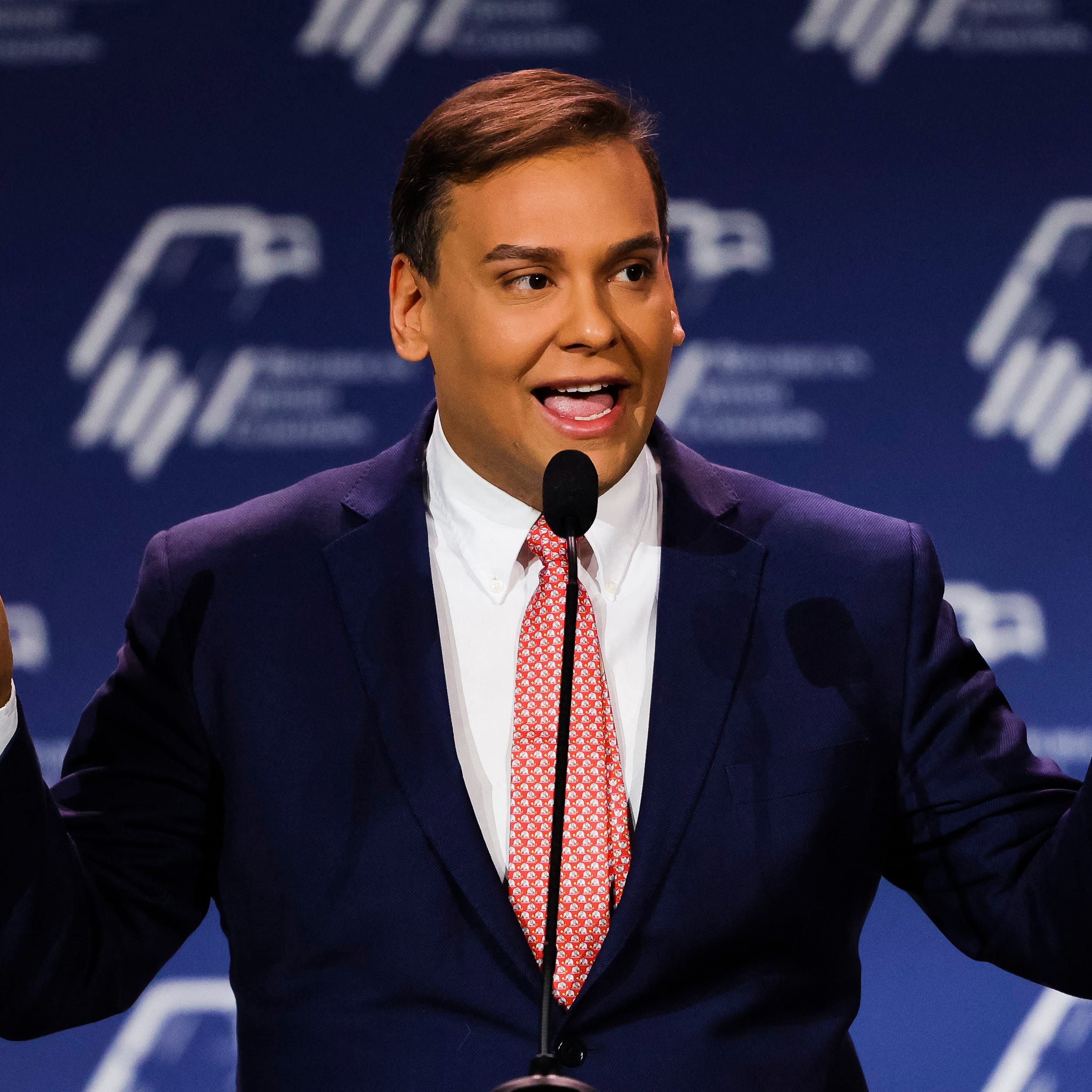 In this file photo taken on November 19, 2022, US Representative-elect George Santos speaks at the Republican Jewish Coalition Annual Leadership Meeting in Las Vegas, Nevada. - Santos, a Republican elected to Congress in November, was facing a growing clamor for his resignation on December 27 , 2022, after admitting that he made up large parts of his biography -- but refusing to give up his seat. Santos's victory in a New York district helped his party secure a narrow majority in the House of Representatives -- Congress's lower chamber. (Photo by Wade Vandervort / AFP) (Photo by WADE VANDERVORT/AFP via Getty Images)