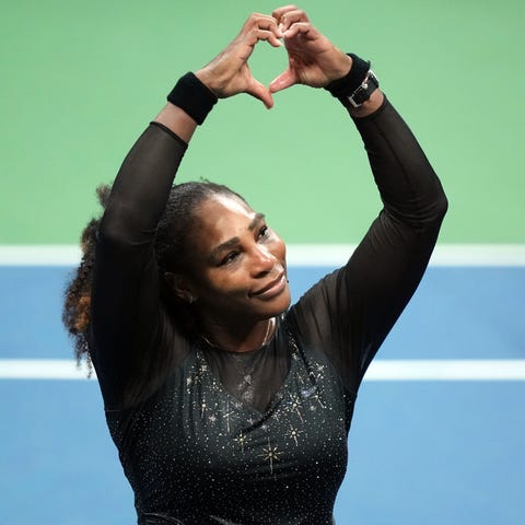 Serena Williams gestures to the crowd at the 2022 